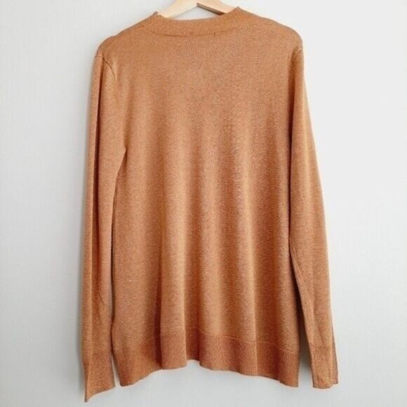 SUZY SHIER / NEW Sparkly Lurex V-neck Fine Knit Sweater Golden Warm Tan Sz L - Picture 6 of 7